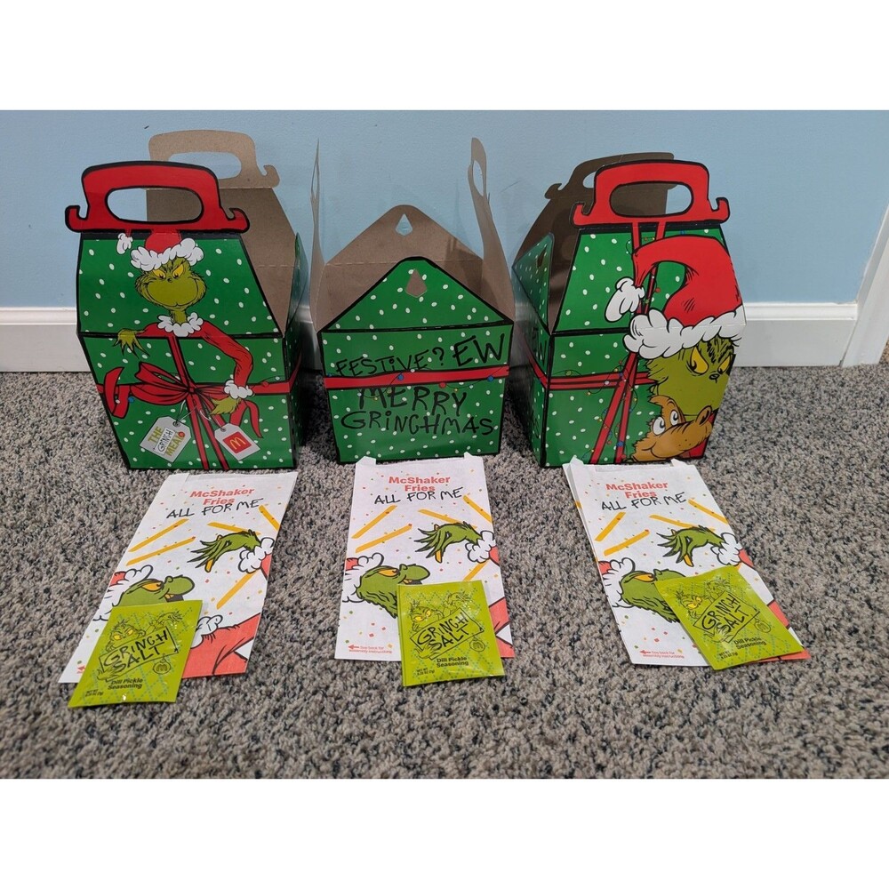 Set of 3 Grinch Meal Boxes, 3 Unused Shaker Bags & 3 Grinch Salt Packets